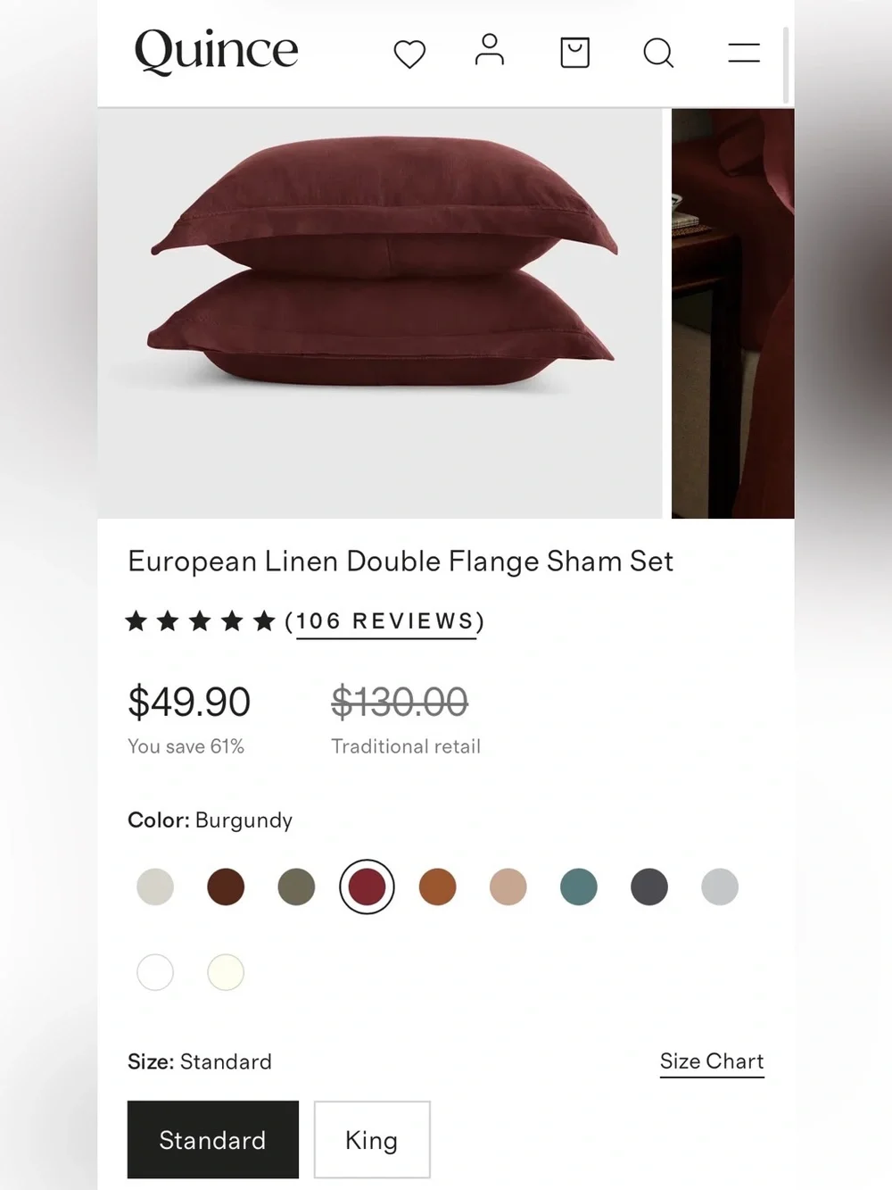 Quince European Linen Double Flange Sham Set, Standard (Burgundy)